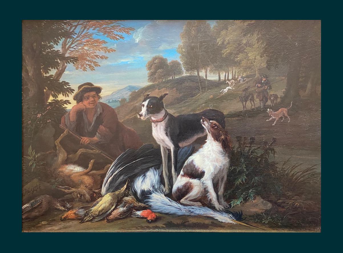 A Still Life with a Hunter Holding a Gun, Game, and Dogs, with a Landscape Beyond; Together with a Companion. The first signed 'AE Grÿef' bottom left; the second signed 'AE Grÿef' center left.   

Period Portraits are thrilled to bring to market