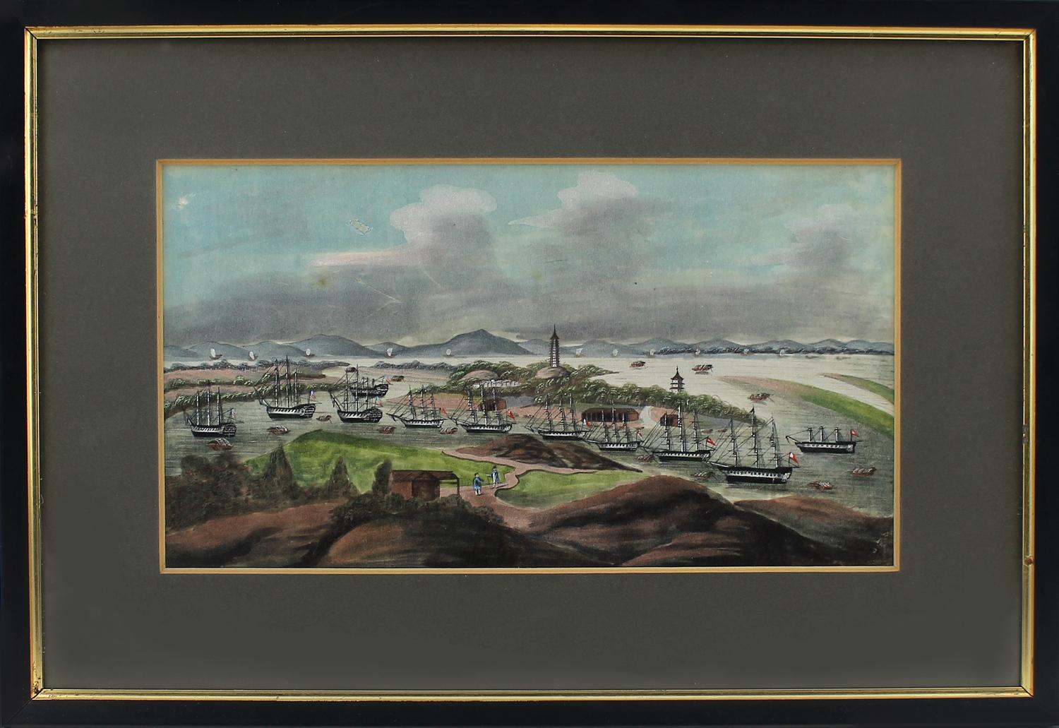 Four China Coast watercolours on pith paper, circa 1845, unsigned
1. Canton with American and French factories showing the American garden and the waterfront, size 6 1/4