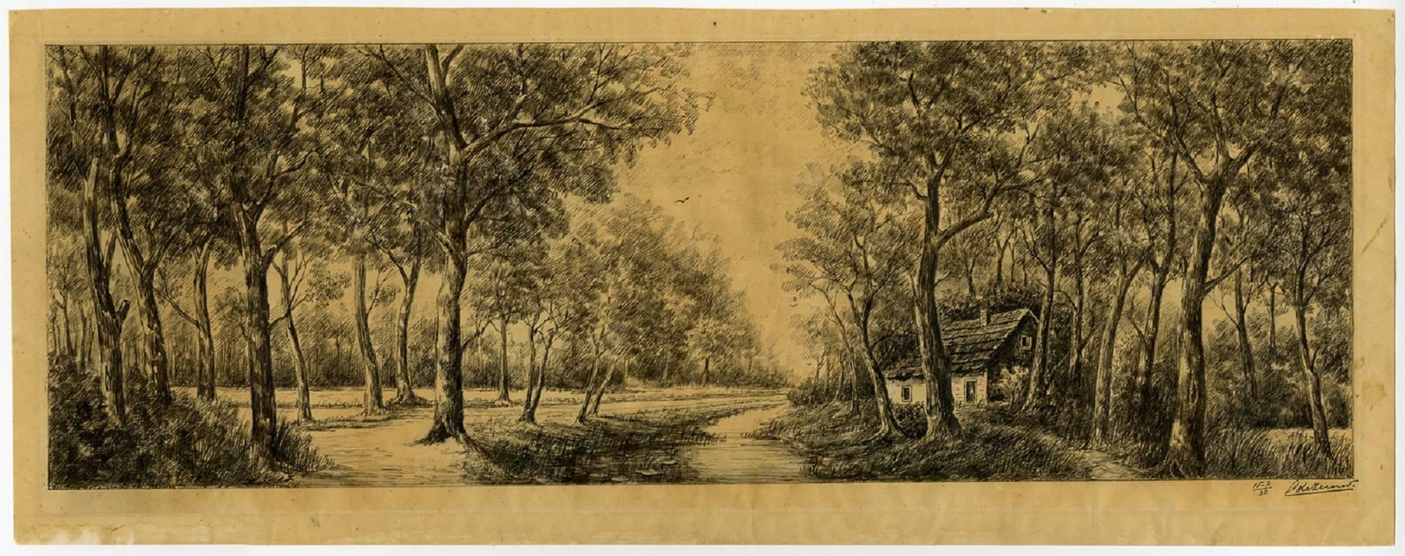 Hermanus Cornelis Antonius de Zeeuw Landscape Art - Untitled - Drawing of a landscape with house near river.