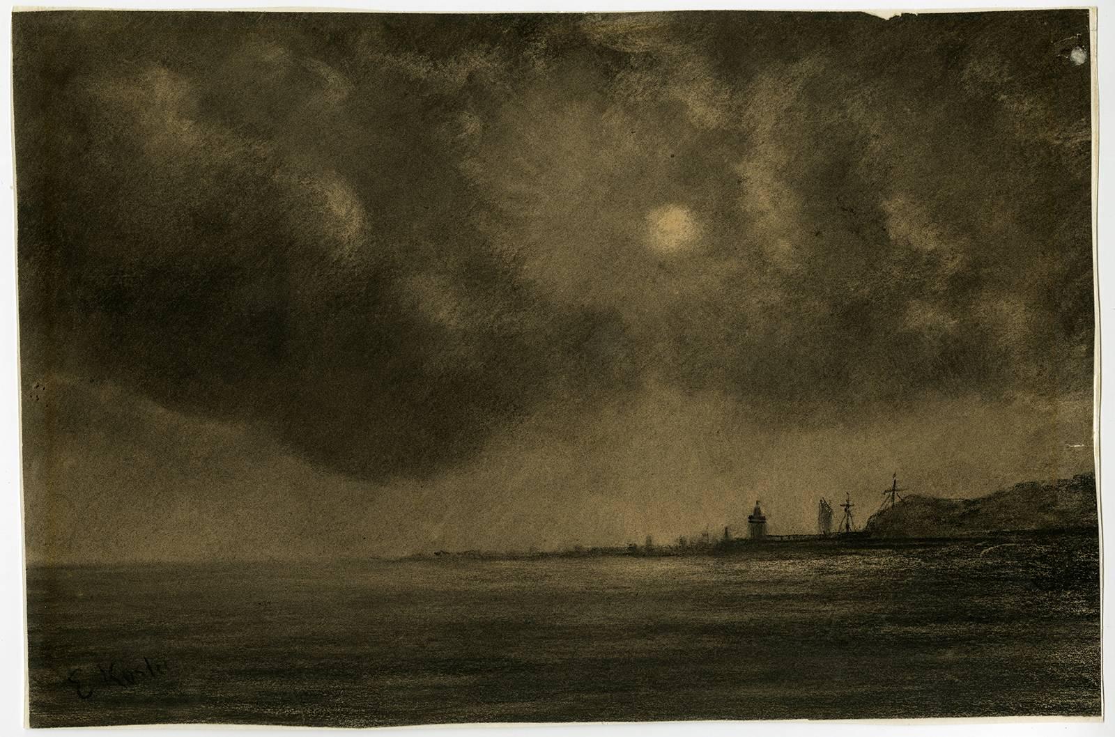 Everhardus Koster Landscape Art - Untitled - Atmospheric seascape night scene along the Dutch North Sea coast.
