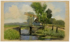 Untitled. A Dutch landscape with a small wooden drawbridge near a farmhouse.