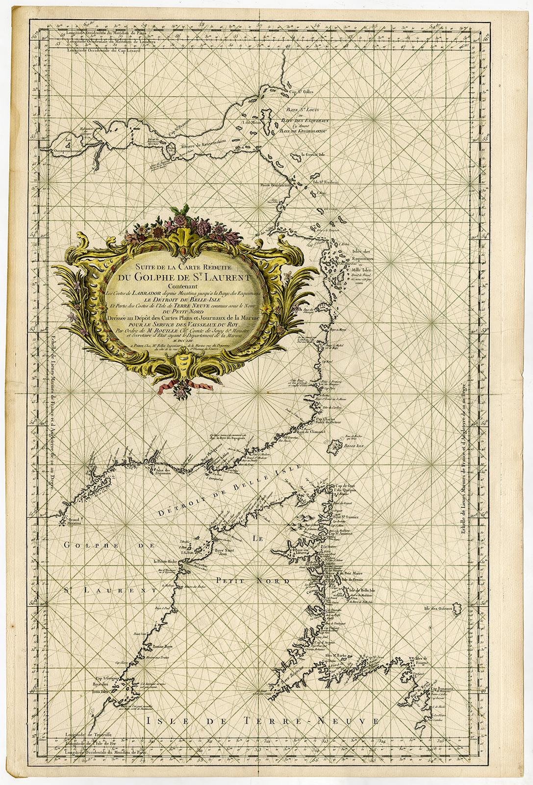 Jacques Nicolas Bellin Print - Sea chart of Gulf of Saint Laurence and Belle Isle - Engraving - 18th century