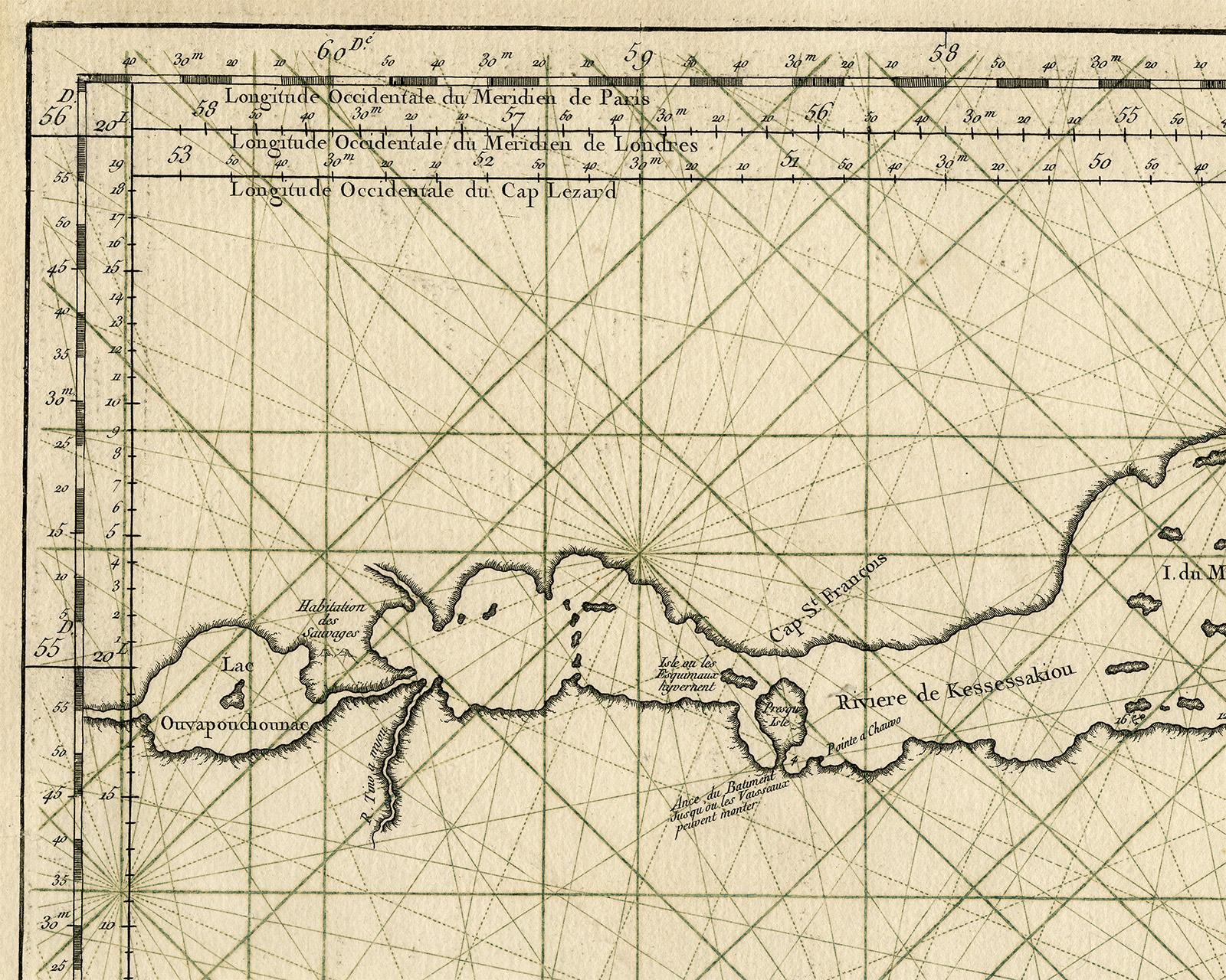 Sea chart of Gulf of Saint Laurence and Belle Isle - Engraving - 18th century - Old Masters Print by Jacques Nicolas Bellin