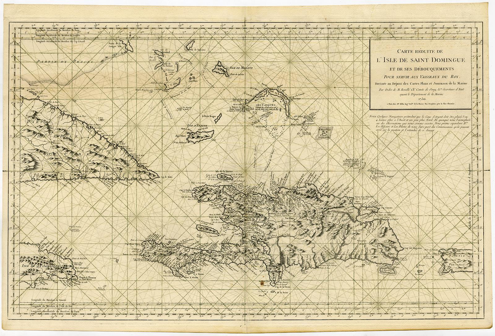 Jacques Nicolas Bellin Print - Sea chart of Santa Domingo and its surroundings - Engraving - 18th century