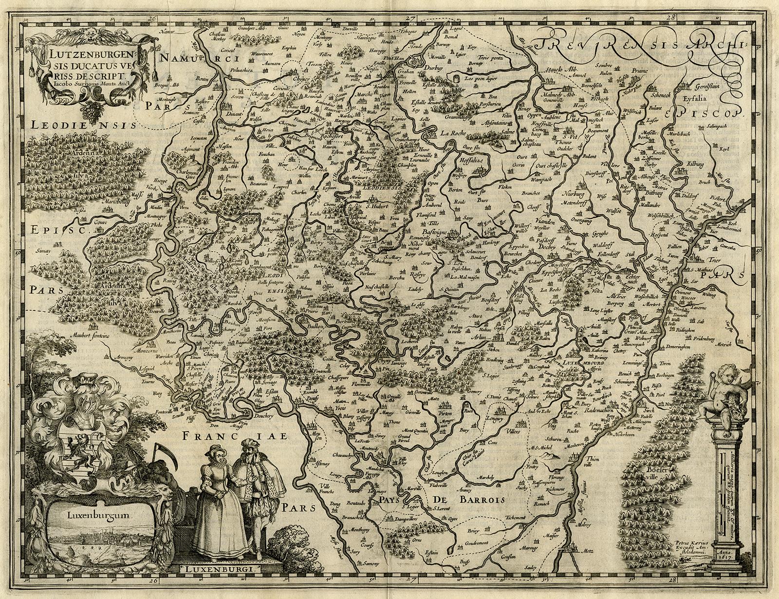 Pieter van den Keere Print - Antique map of Luxembourg and its region by Kaerius - Engraving - 17th c.