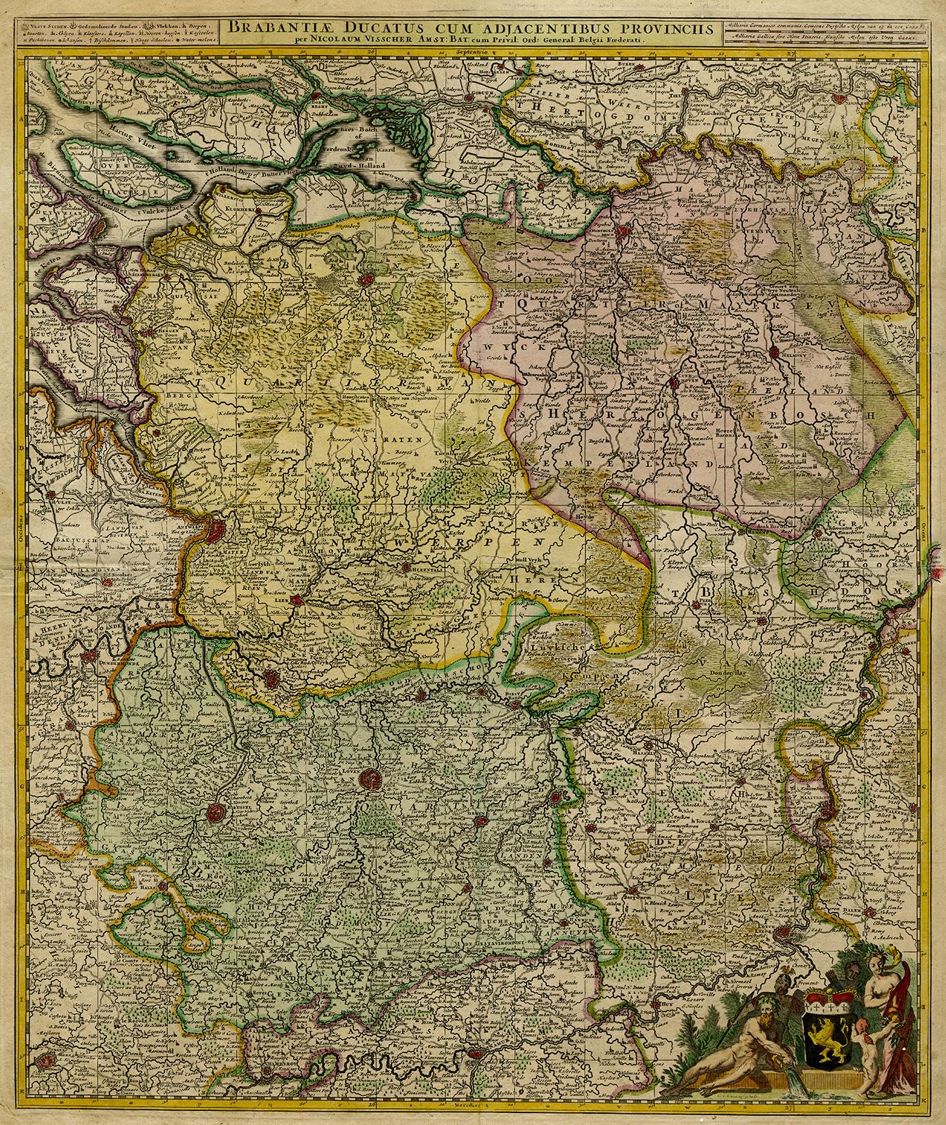 Nicolaus Visscher Print - Antique map of Duchy of Brabant by Visscher - Handcoloured engraving - 17th c.