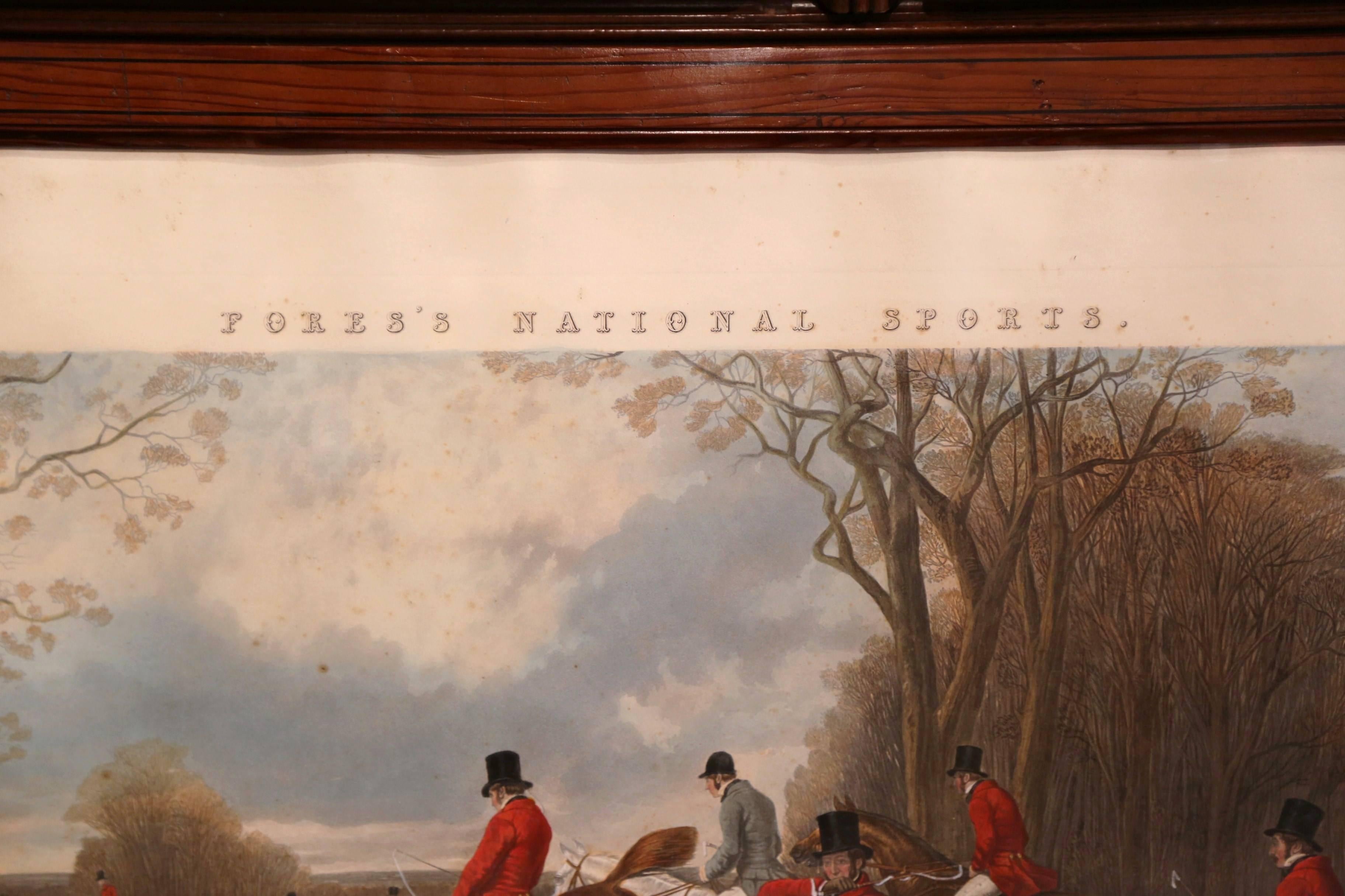 Large and colorful antique watercolor hunting scene under glass in wooden frame from England by Mess rs Fores; dated 1852, the art work features fox hunters on galloping horses with dog pack running beside them. The decorative wall hanging piece