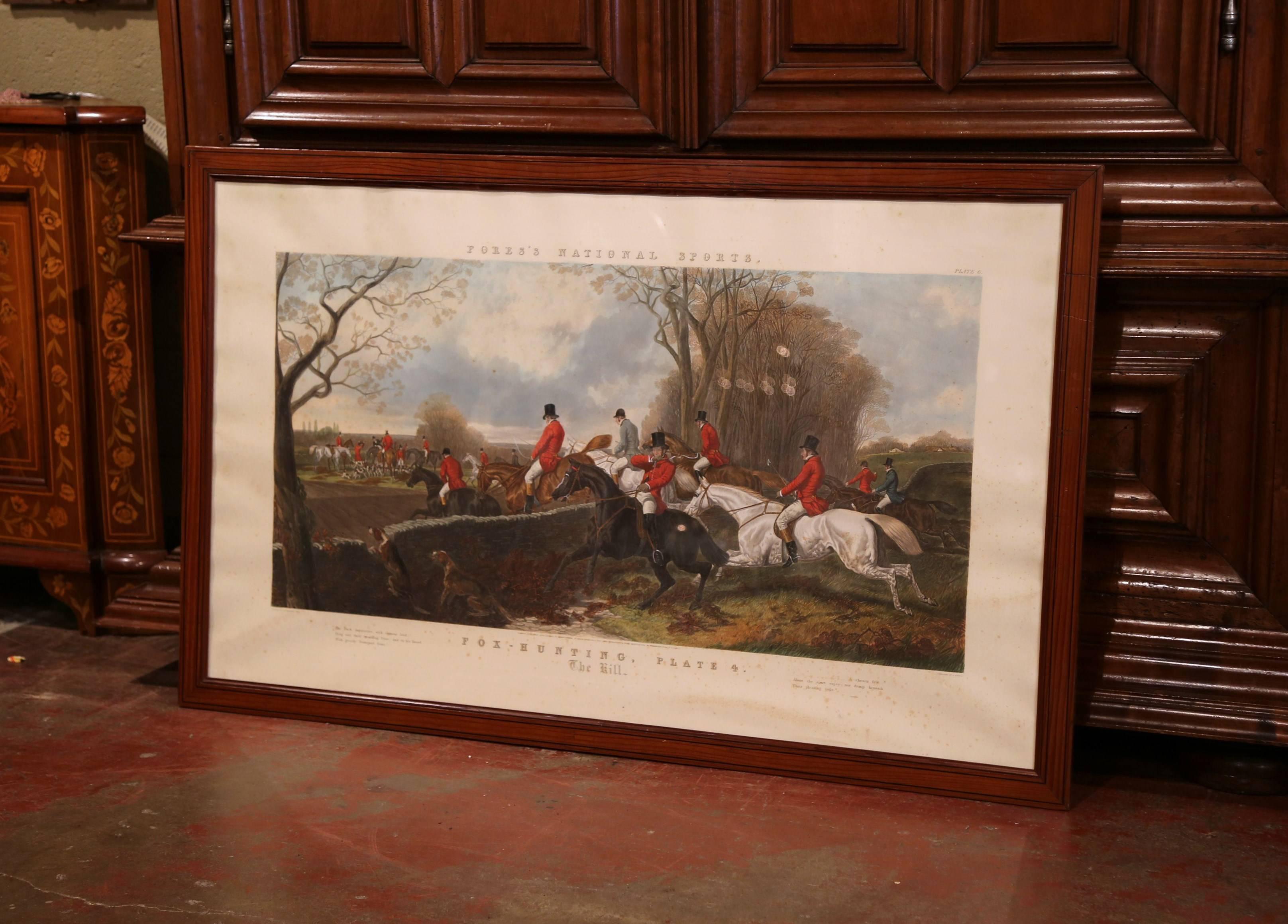 Large 19th Century English Framed Watercolor Fox Hunt Scene 