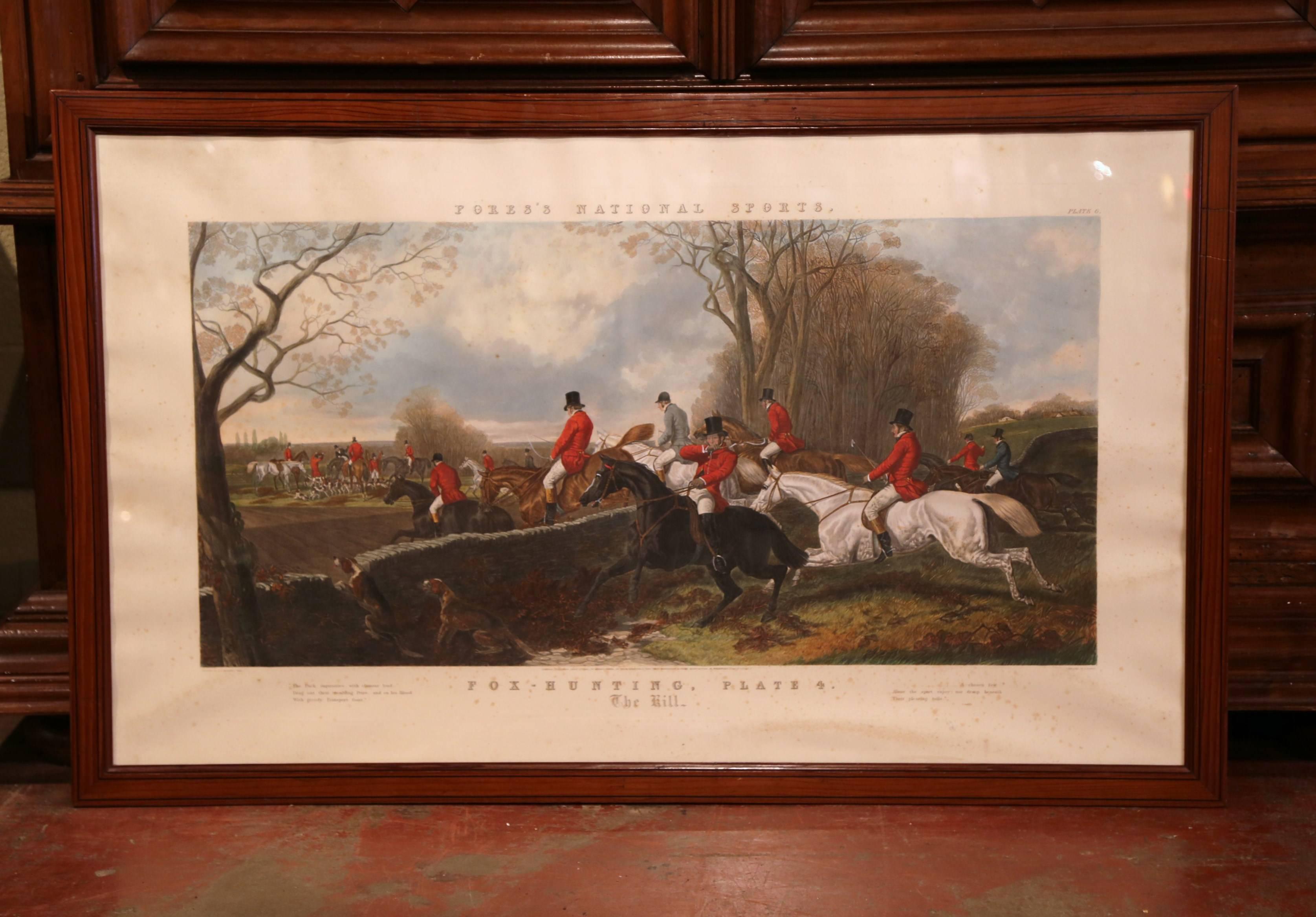 Large 19th Century English Framed Watercolor Fox Hunt Scene 