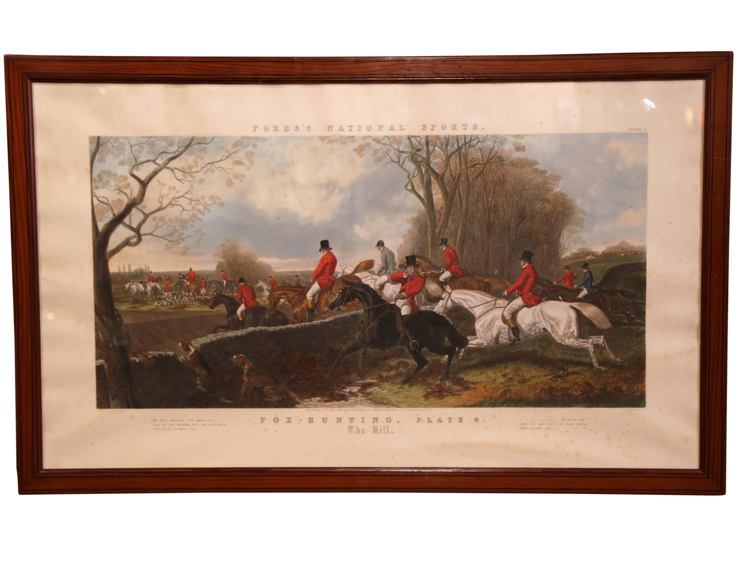 Unknown Animal Art - Large 19th Century English Framed Watercolor Fox Hunt Scene "The Hill" 1852