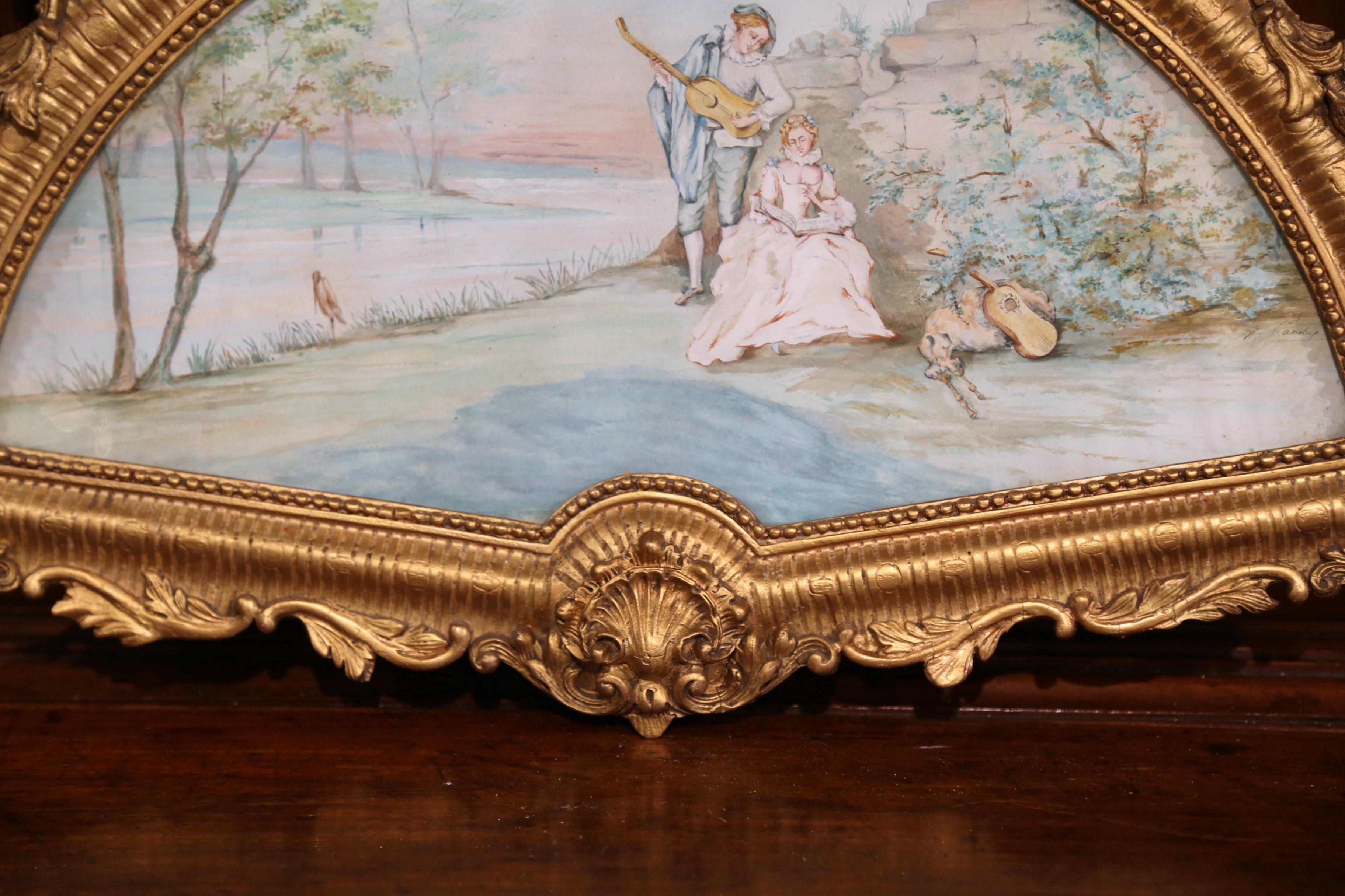 19th Century French Watercolor Courting Scene in Carved Gilt Frame Signed Canoby For Sale 1