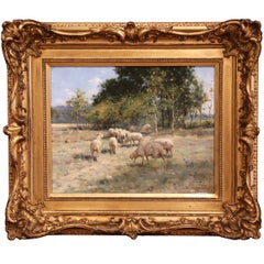 19th Century Sheep Painting in Carved Gilt Wood Frame Signed R. L. Johnston