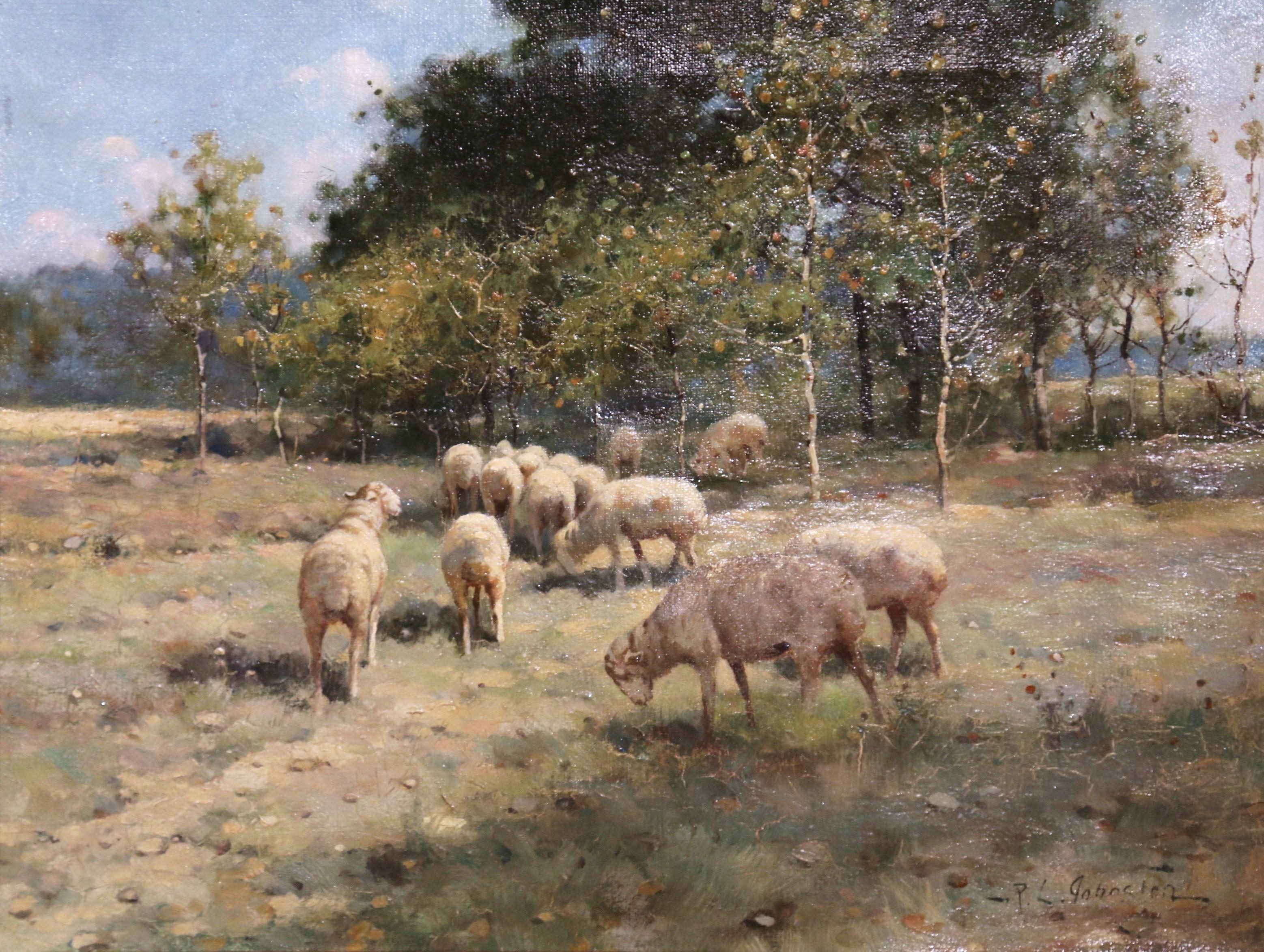 19th Century Sheep Painting in Carved Gilt Wood Frame Signed R. L. Johnston For Sale 1