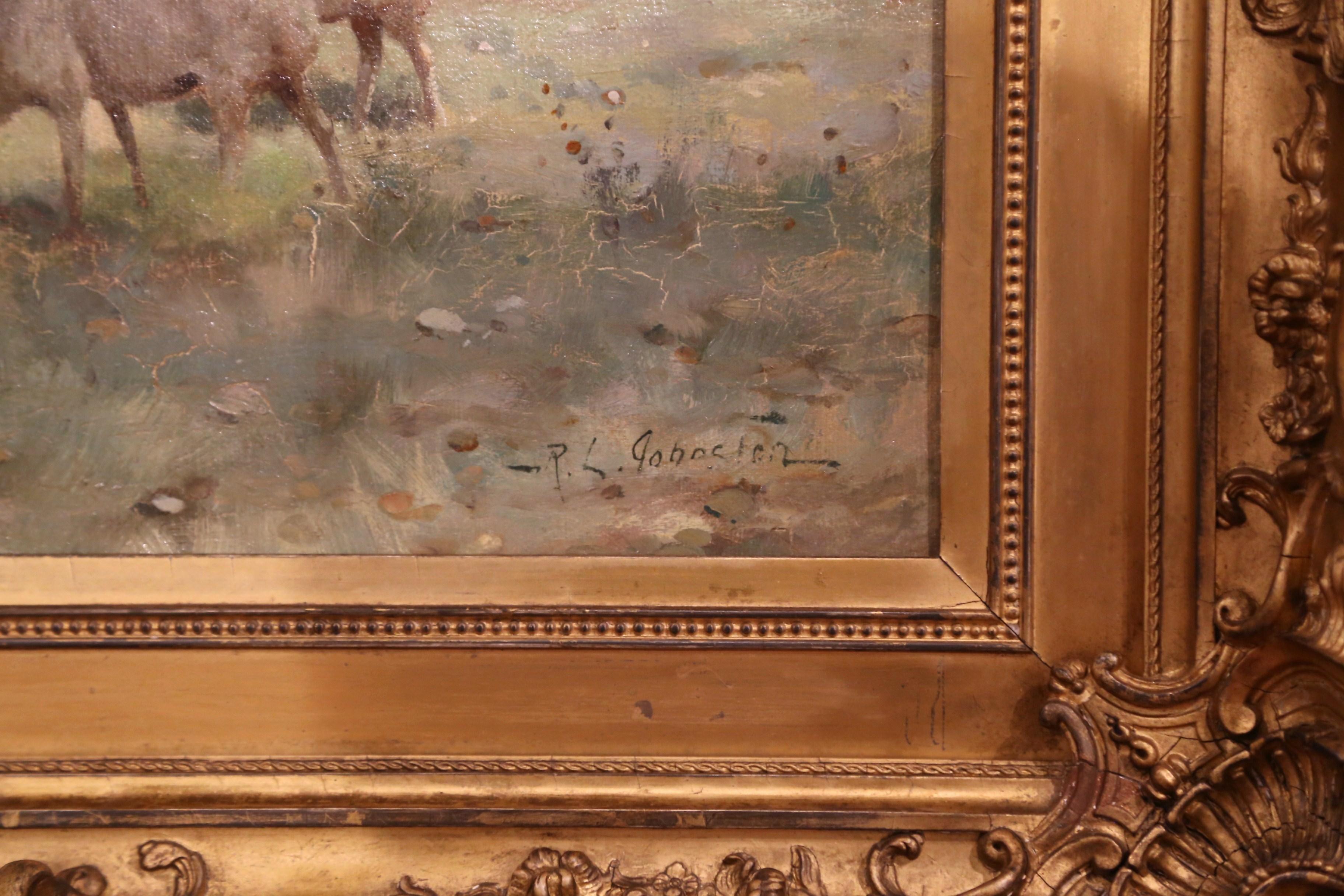 19th Century Sheep Painting in Carved Gilt Wood Frame Signed R. L. Johnston For Sale 3