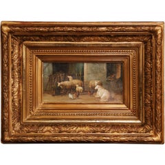 19th Century Sheep Painting in Carved Gilt Wood Frame Signed J. Scholaerts
