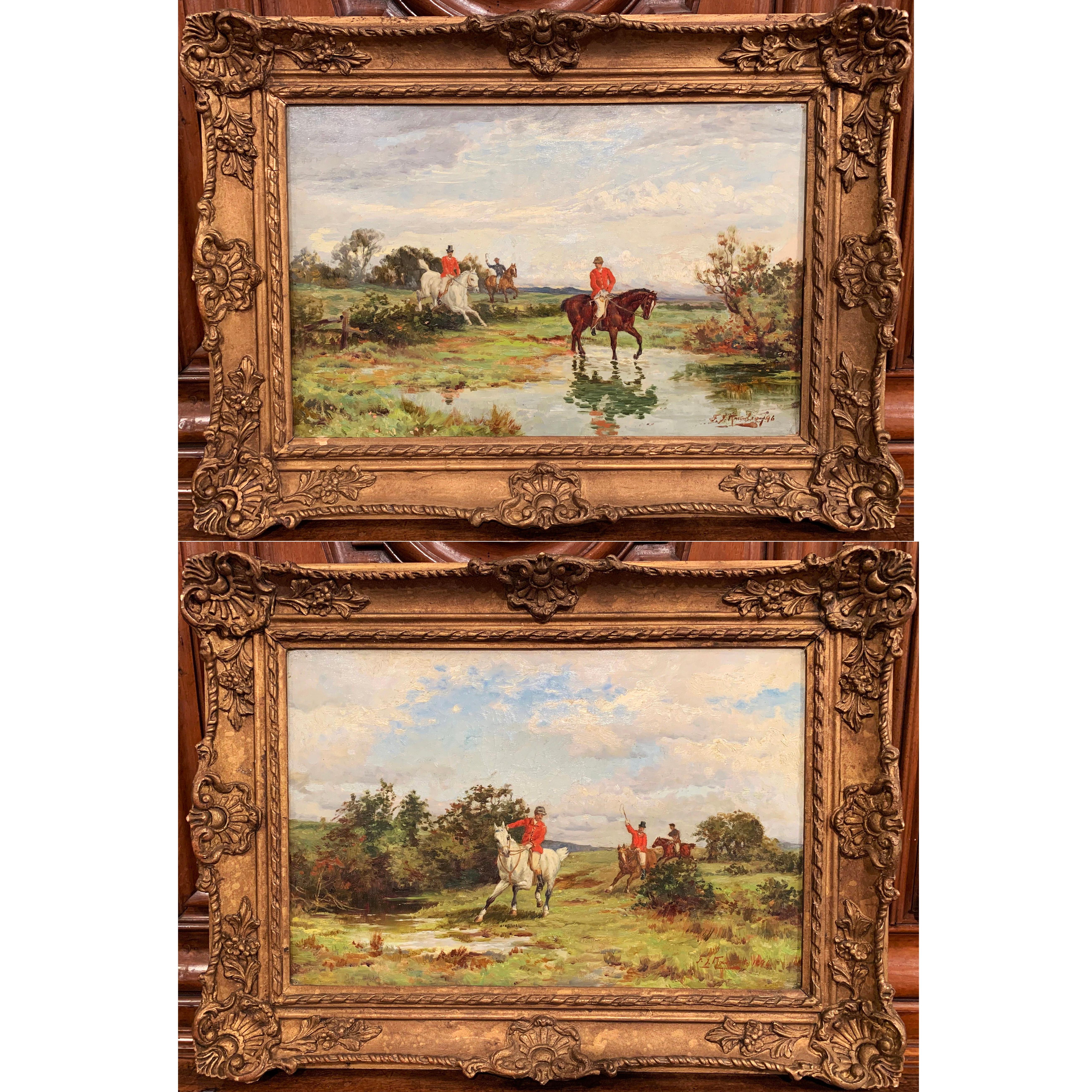 Unknown Figurative Painting - Pair of 19th Century English Hunt Scenes in Carved Frames Signed F. J. Knowles