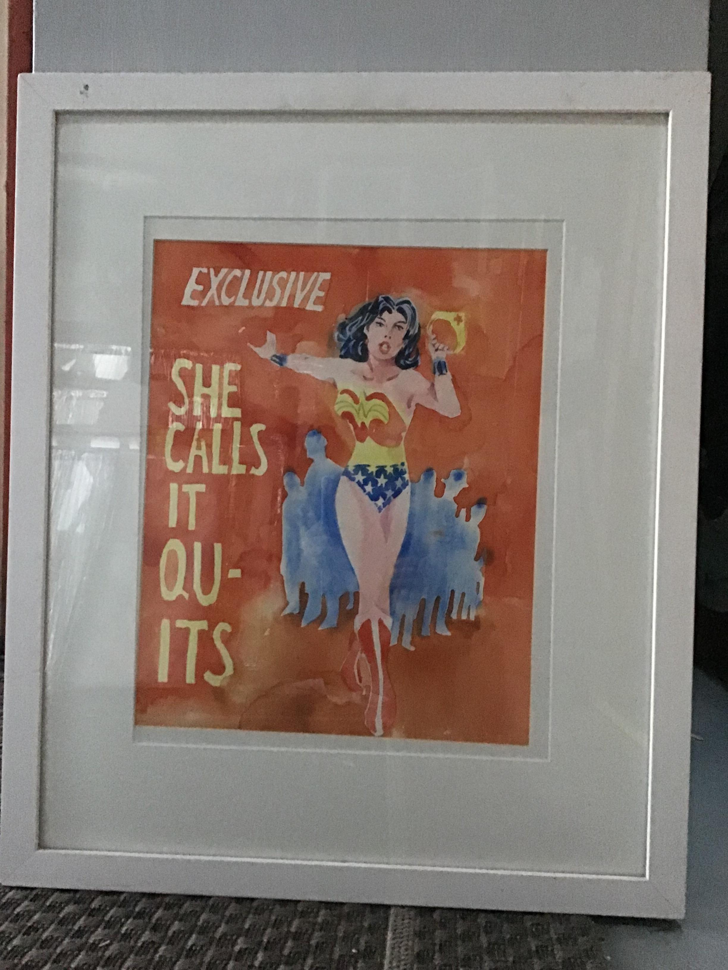 Alex Coulter Figurative Art - she calls it quits watercolor wonder woman