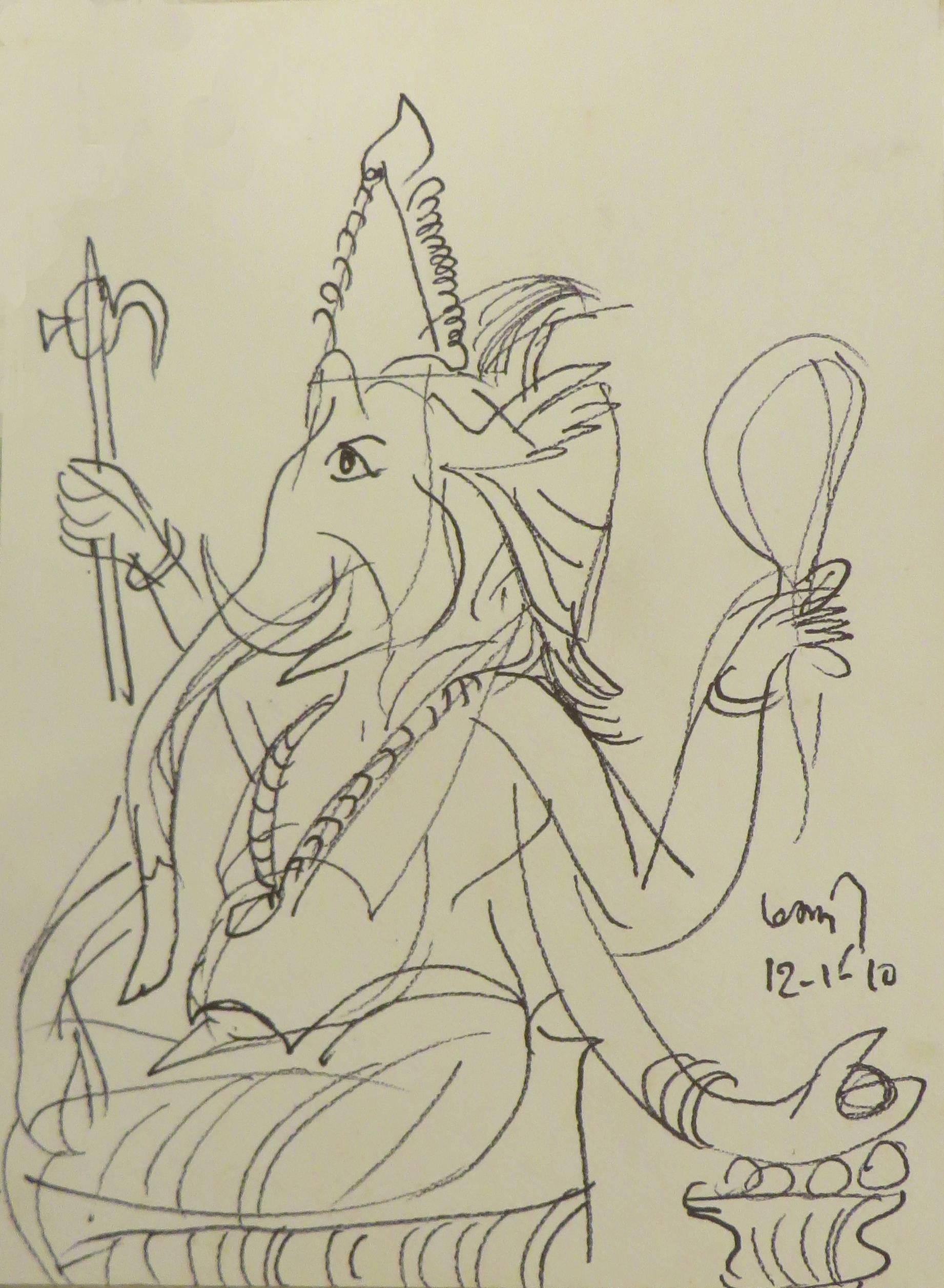 K.G. Subramanyan Figurative Art - Ganesha, Indian Mythological God of Prosperity, Charcoal by master KG Subramanyan