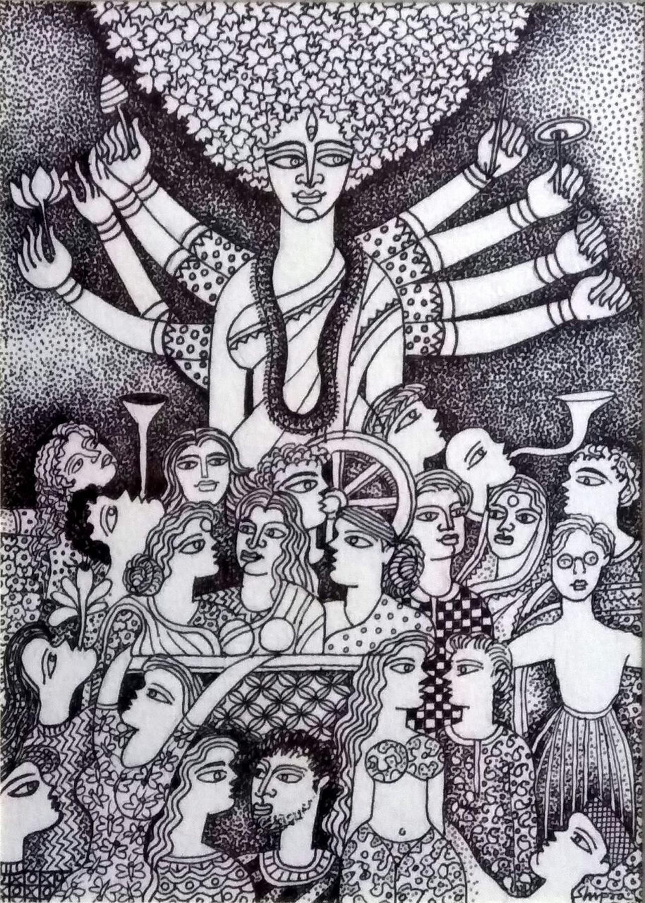 Shipra Bhattacharya Figurative Painting - Indian Art; celebrating Indian goddess Durga, the destroyer by Ace Indian Artist