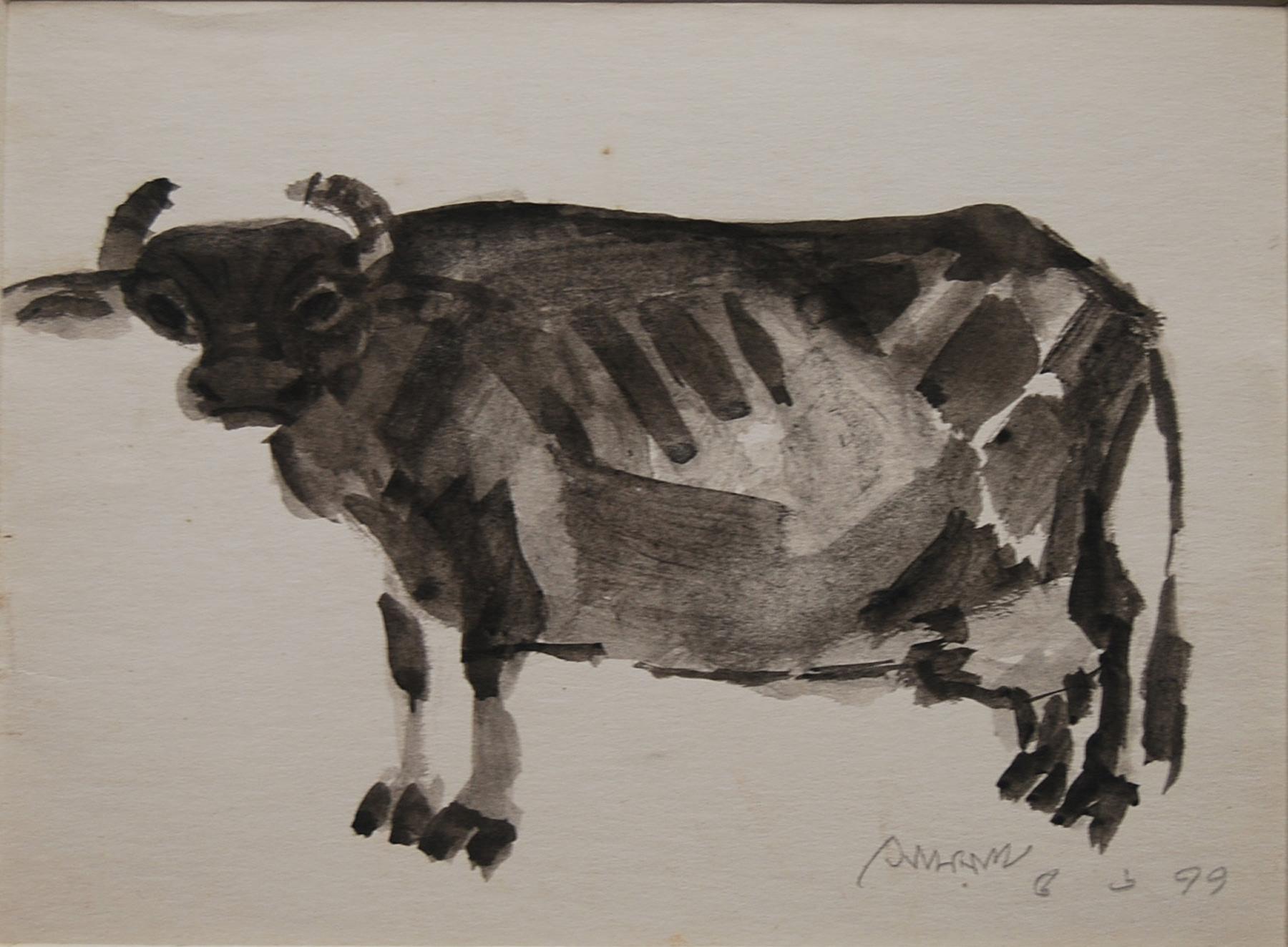 Somnath Hore Animal Painting - Indian Cow, Watercolor & Ink, Black by Padma Bhushan Awardee "In Stock"