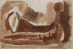 Antique Reclining Woman, Watercolor, Brown by Indian Padma Bhushan Awardee "In Stock"