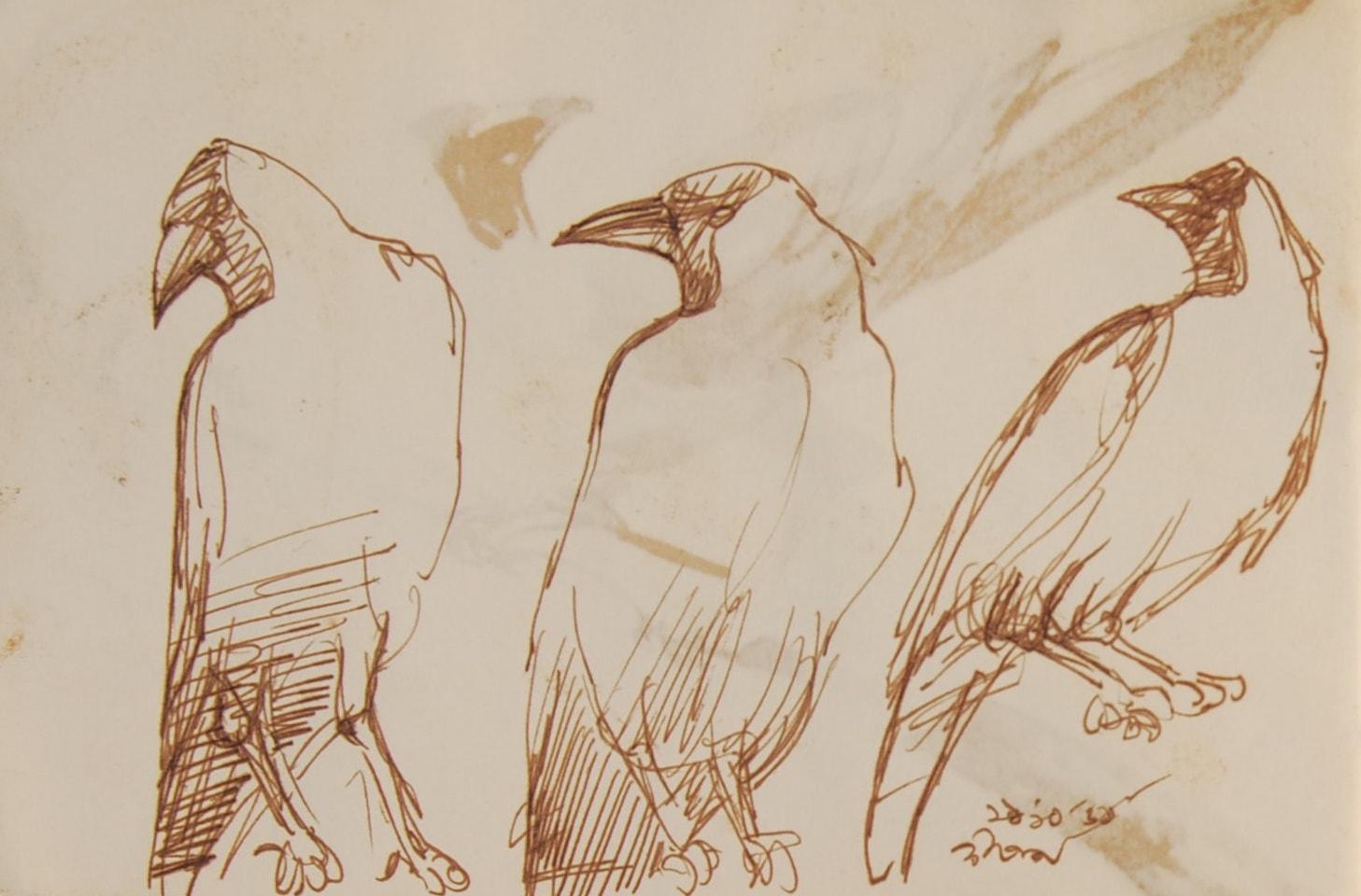 Crows , Indian diasphora, Sepia, Watercolour, Rare Collectible, Old Bengal Artist - Beige Animal Art by Dipen Bose