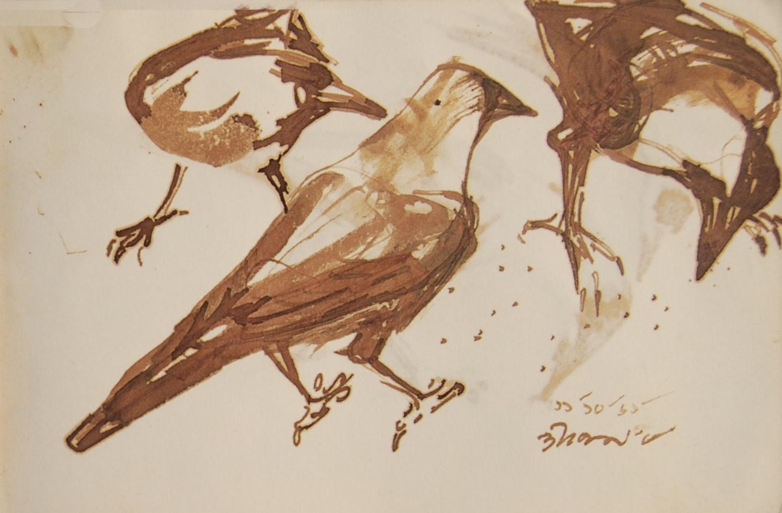 Dipen Bose Animal Art - Crows , Indian diasphora, Sepia, Watercolour, Rare Collectible, Old Bengal Artist