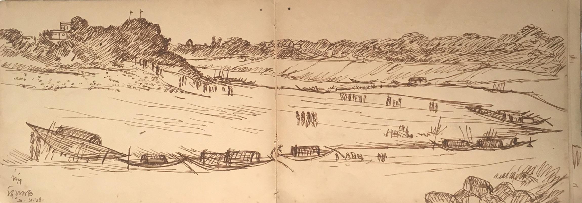 Jiyagunj : Boat, Rare Drawings, Ink on Paper by Indian Master Artist Indra Dugar