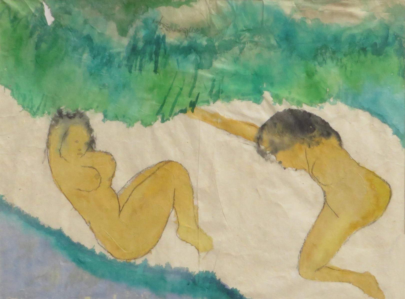 Femmes se baignant, nues, aquarelle sur papier de riz, vert, gris, marron « en stock » - Painting de Kartick Chandra Pyne