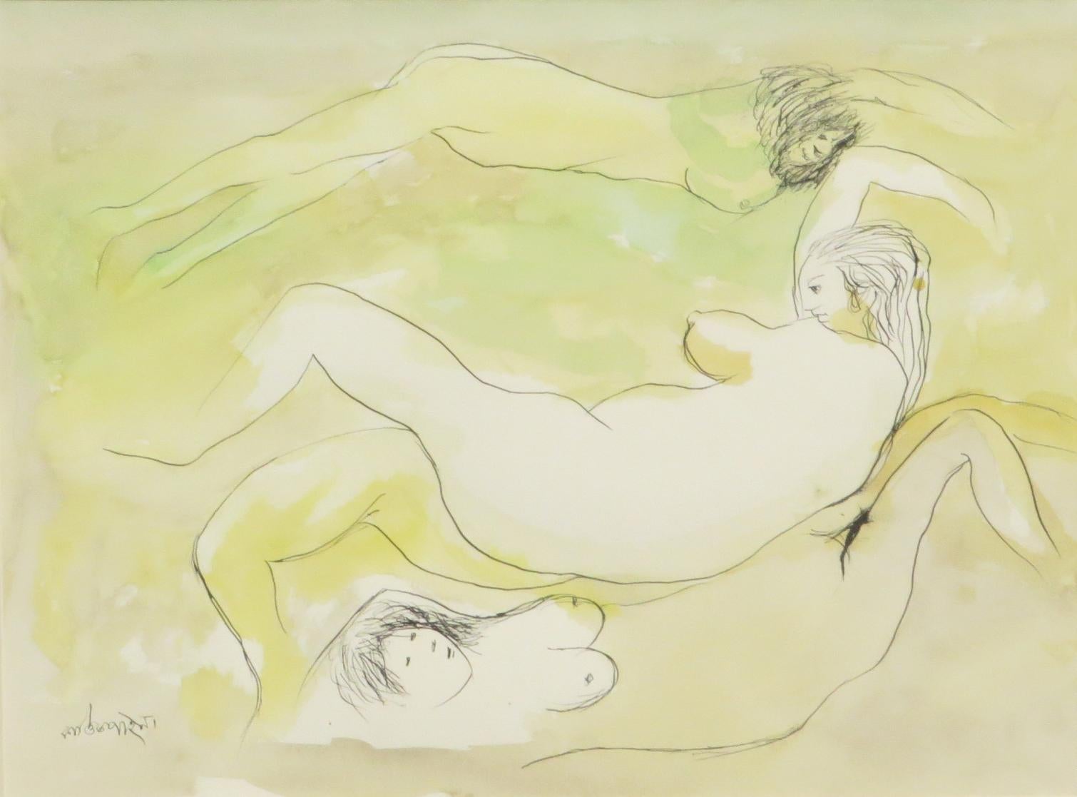 Nude Women, Bathing, Watercolor on paper, Green, Yellow by K. C. Pyne 