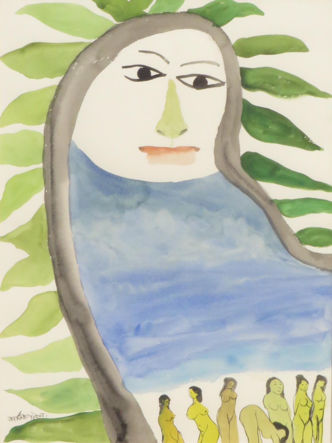 Nude Woman, Watercolor Painting, Green & Blue by Master Indian Artist "In Stock"