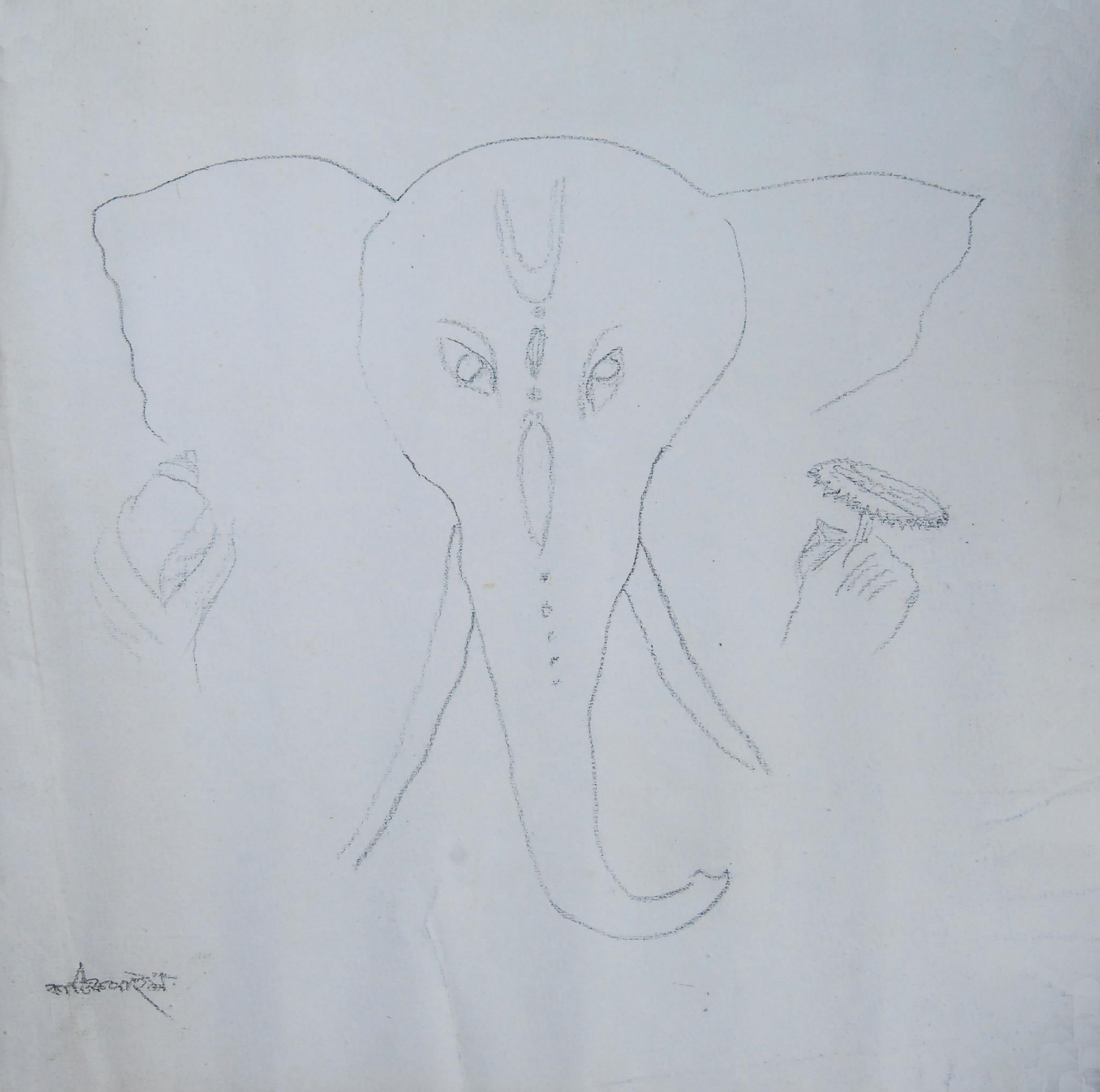 Kartick Chandra Pyne Figurative Art - Lord Ganesha, Hindu God, Mythology, Charcoal on paper by Indian Artist"In Stock"