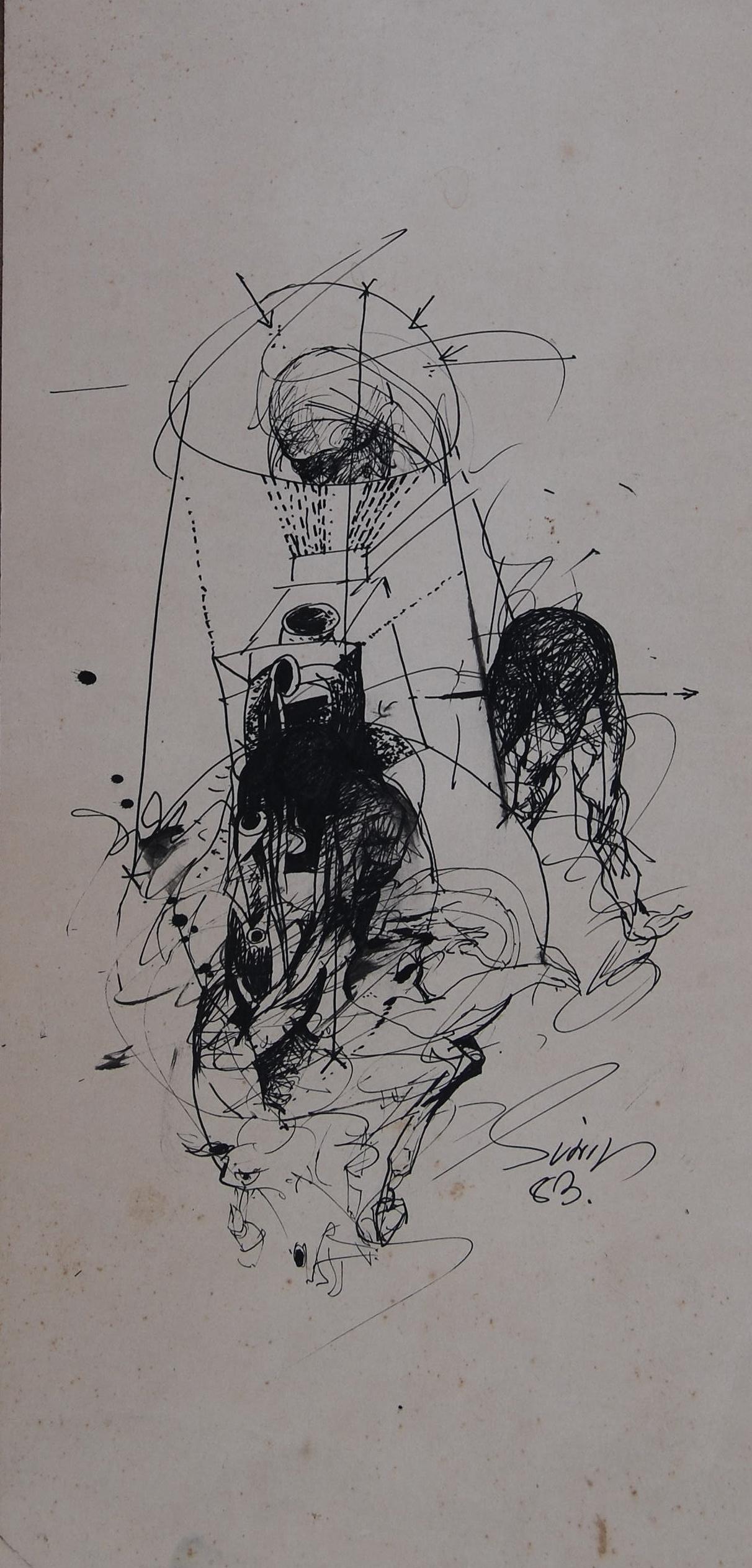 Nude Sunil Das - Rare dessin ancien I, nu, stylo, encre sur papier du maître artiste « En stock »