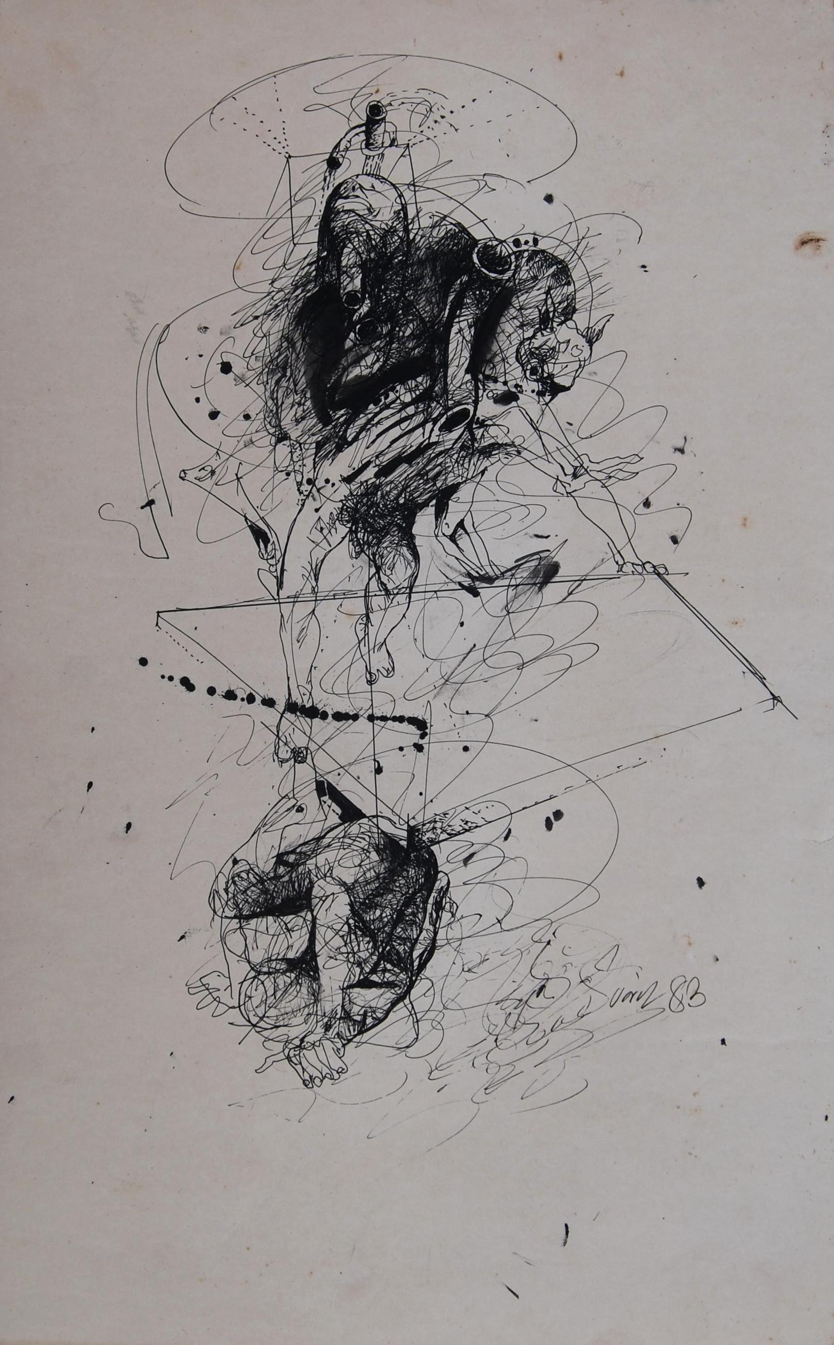 Rare Early Drawing II, Nude, Figurative, Pen & Ink on paper by Sunil Das