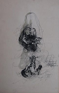 Rare dessin, Femme avec un cheval, Érotique, encre figurative, par Padmashree Sunil Das