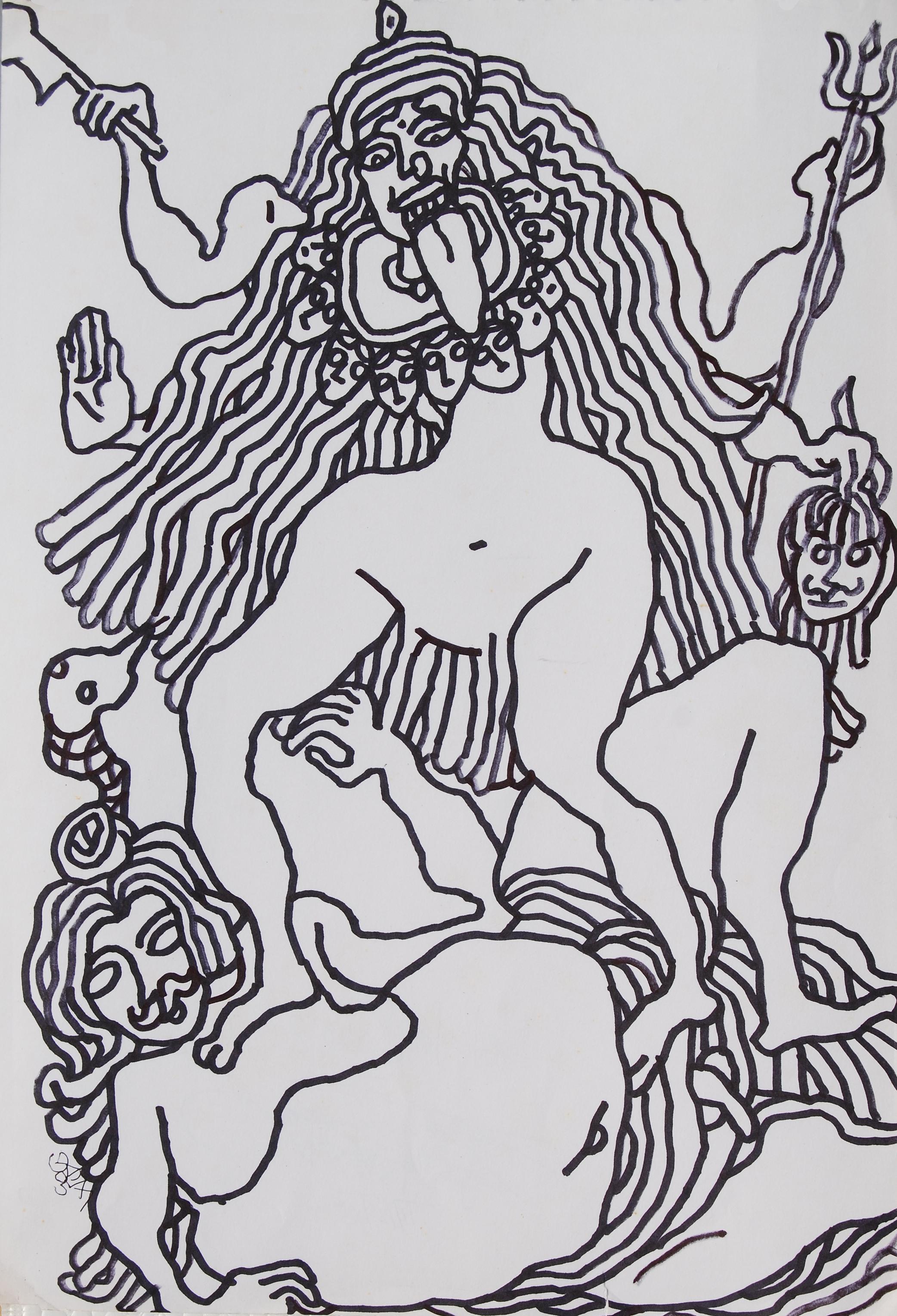 Drawing, Black-White, Hindu Goddess Kali, Pen, Ink, Modern Indian Art "In Stock"
