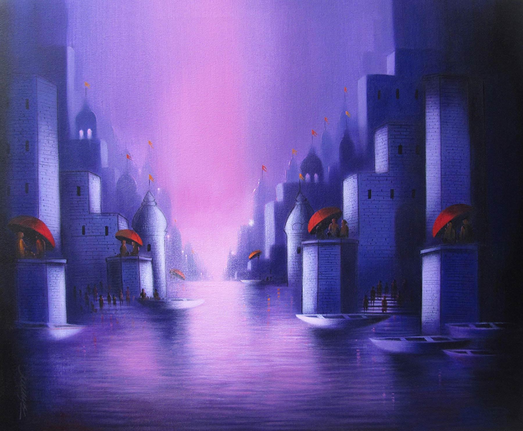 Somnath Bothe Figurative Painting – Holy Banaras 1, religiös, Heilige Taube in Ganga's Ghat, Tempel, Acryl „Auf Lager““