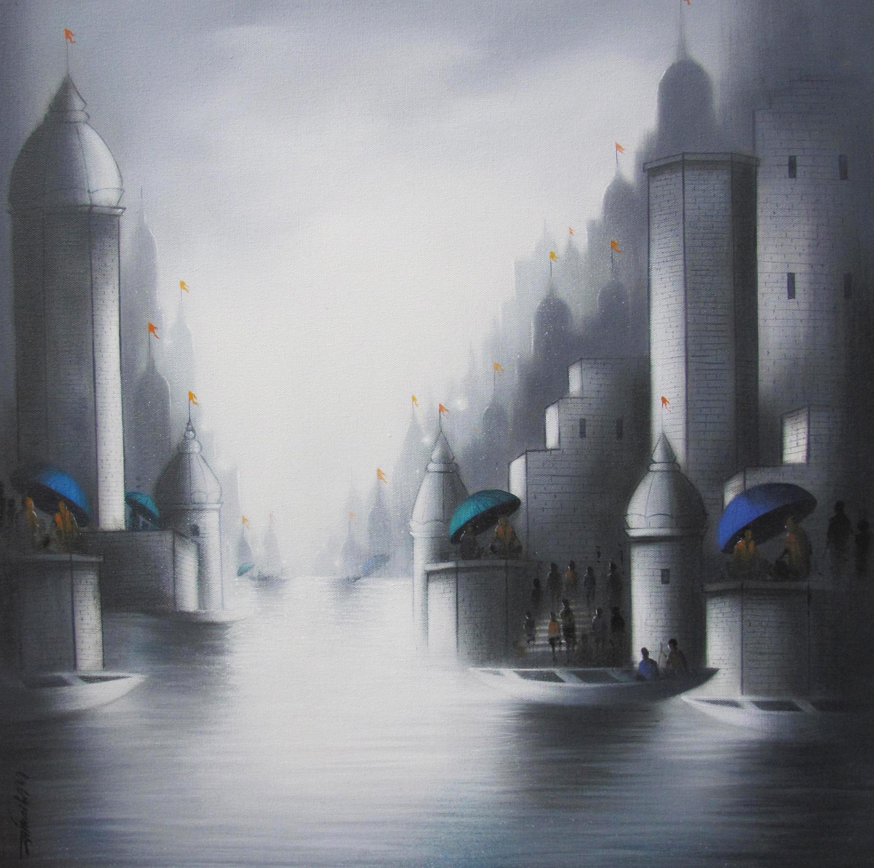 Figurative Painting di Somnath Bothe - Holy Banaras 2, Tuffo sacro nel ghat di Ganga, Carboncino, Acrilico, Bianco, Blu "In magazzino"