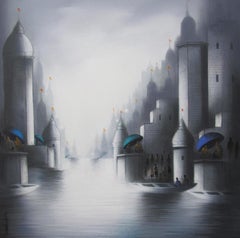 Holy Banaras 2, Holy Dip in Ganga's ghat, Charcoal,Acrylic, White,Blue"In Stock"