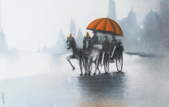 Monsoon Ride 1, Horse Cart, Heavy Rain, Temples, Charcoal, Acrylic "In Stock"