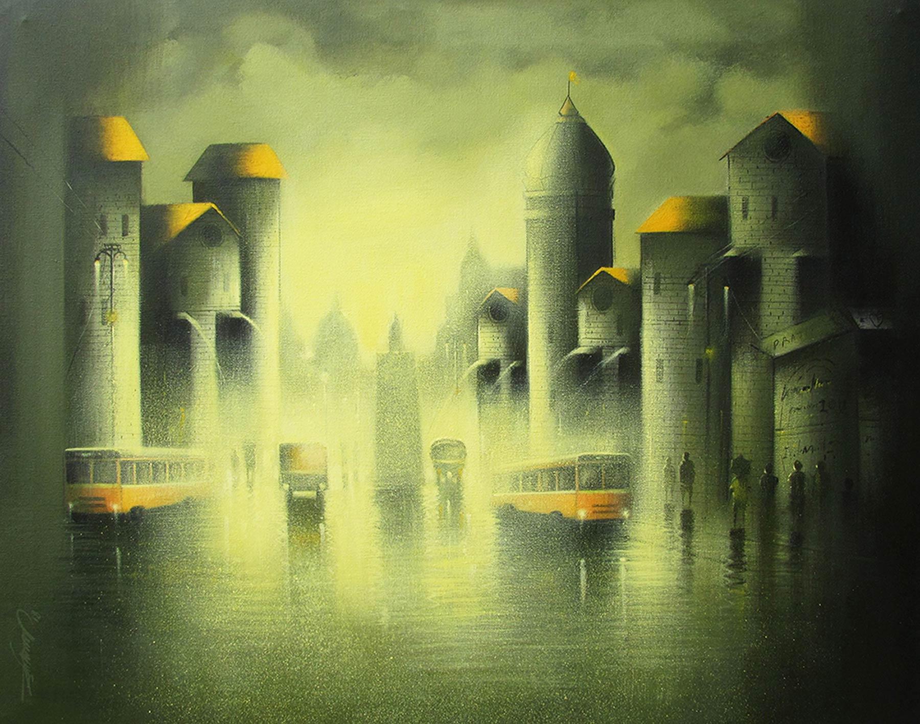 Somnath Bothe Still-Life Painting - Rythmic Monsoon Ride, City Life, Heavy Rain, Acrylic, Green, Yellow "In Stock"