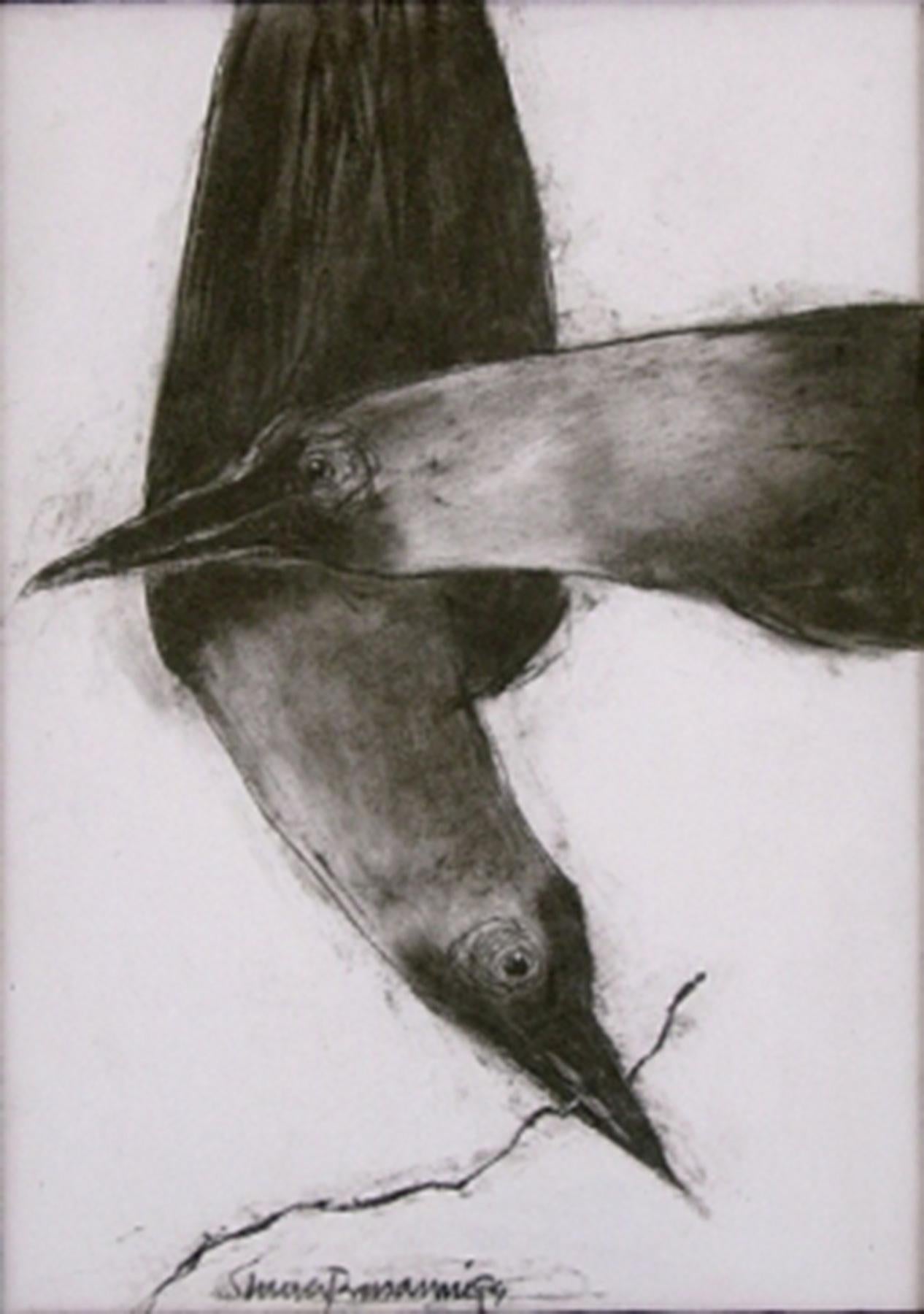 Shuvaprasanna Bhattacharya Animal Art - Crow, Animal Drawing, Conte on paper, Black, White By Modern Artist "In Stock"
