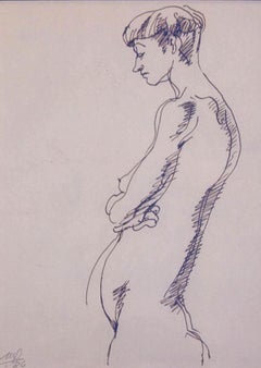 Standing Woman, Nude Drawing, Ink on paper By Artist Mehlli Gobhai "In Stock"