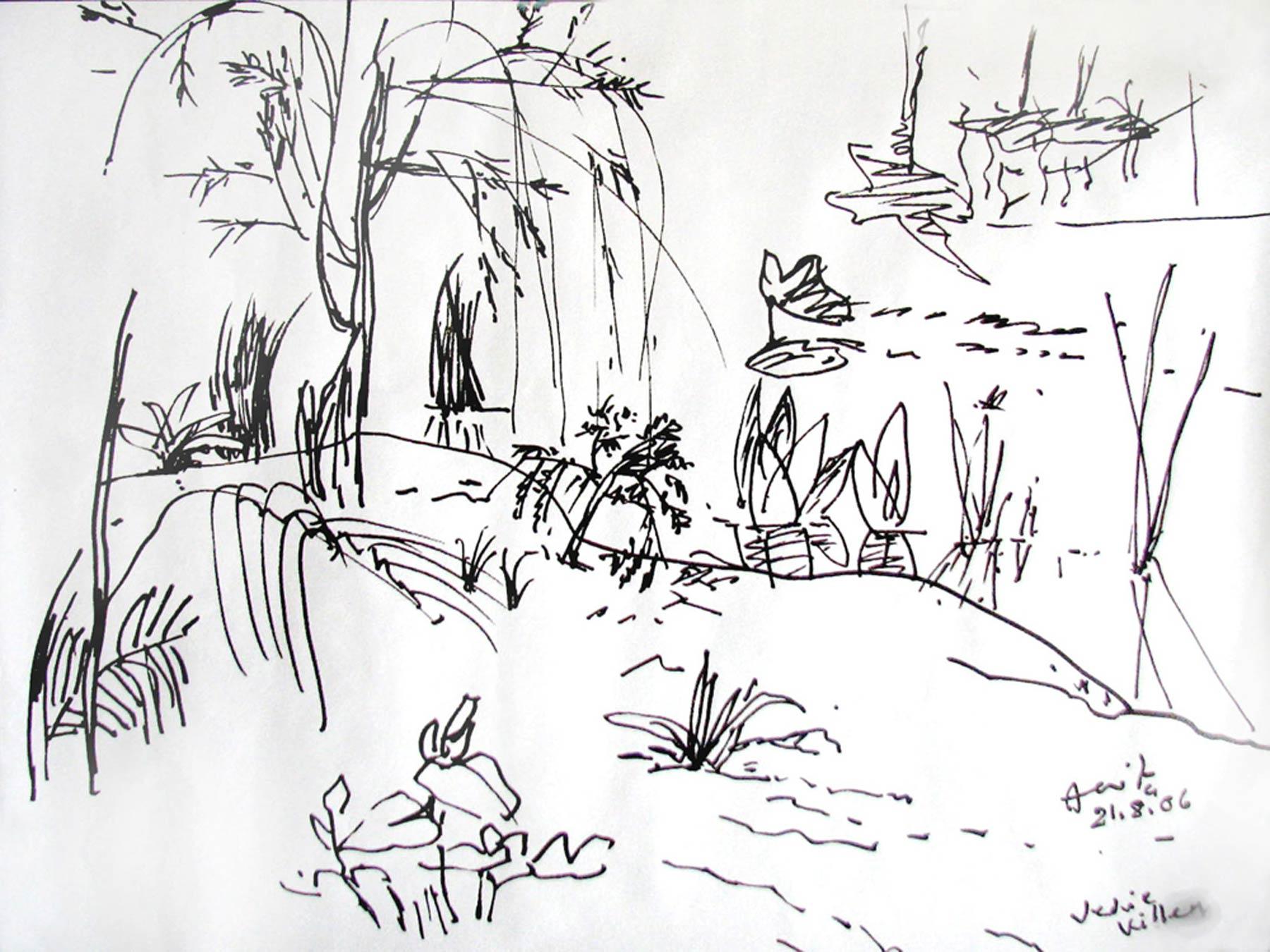 Landscape Art de Anita Roy Chowdhury - Asesino Védico, Dibujo, Tinta sobre papel, Blanco y Negro por Artista Indio "En Stock"