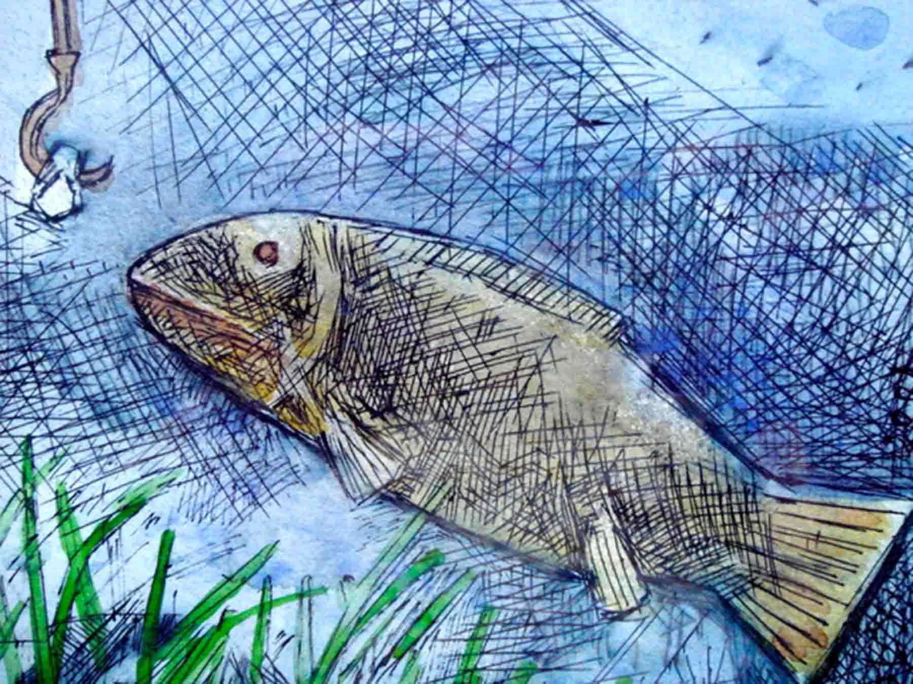 Fish, Mixed Media in Blue, Green, influenced by Abanindranath Tagore "In Stock" - Mixed Media Art by Ganesh Pyne