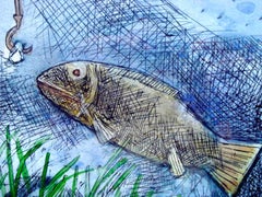 Fish, Mixed Media in Blue, Green, influenced by Abanindranath Tagore "In Stock"