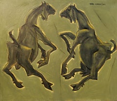 Jugal, Coupling, Duet, Animal, Acrylic, Canvas, Green, Yellow, Ash "In Stock"