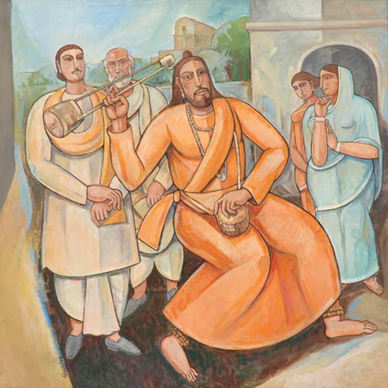 Bijan Choudhury Raga Baul Singer Oil Acrylic Painting Orange