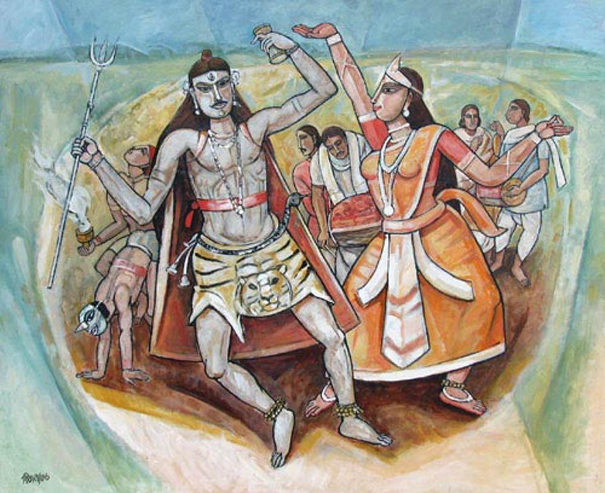 Bohurupee, Shiva & Parvati, Oil & Acrylic Painting, Red, Blue, Orange "In Stock"