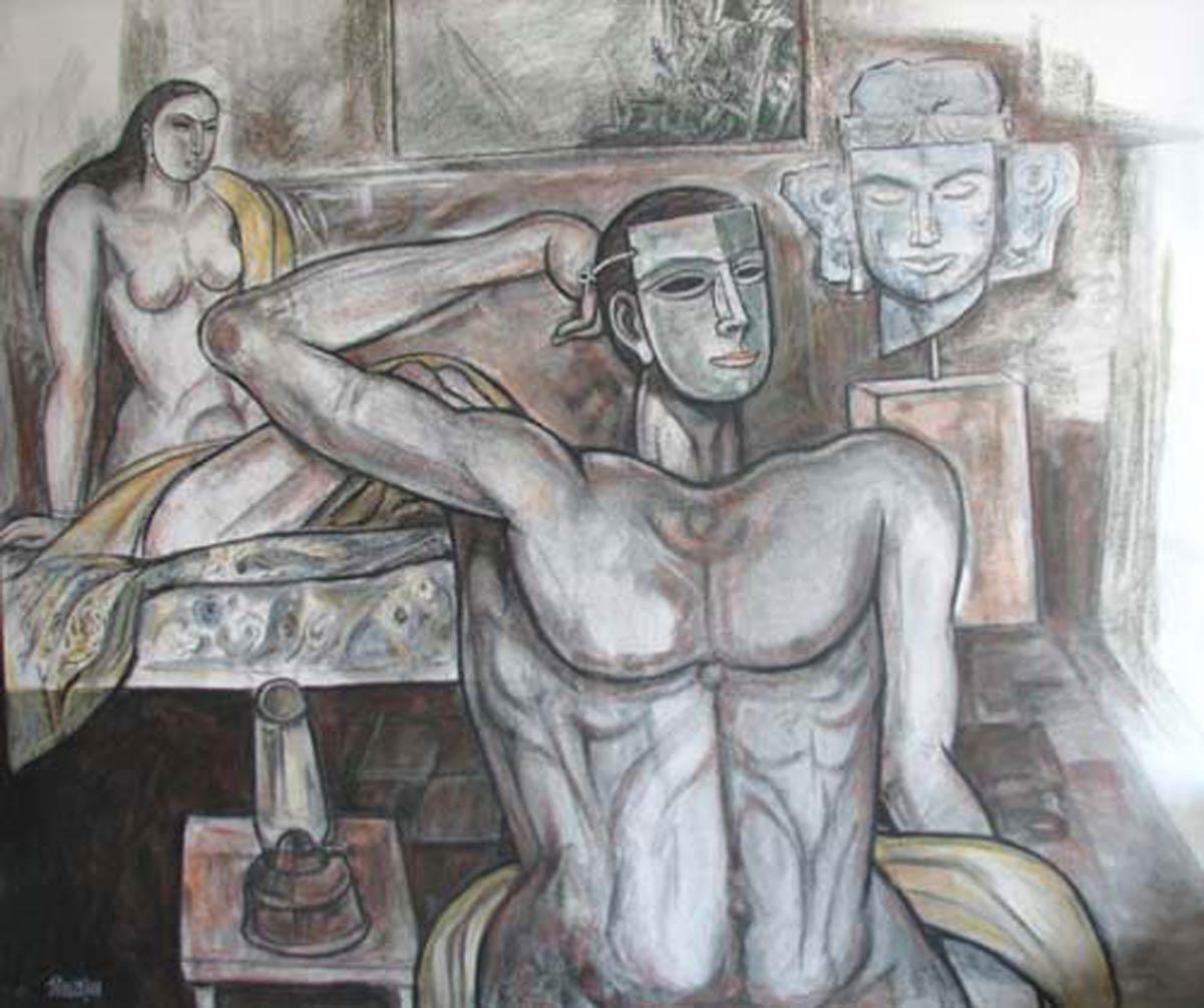 Peinture de nu, technique mixte sur toile, blanc, noir, rose, brun, couleurs « en stock »